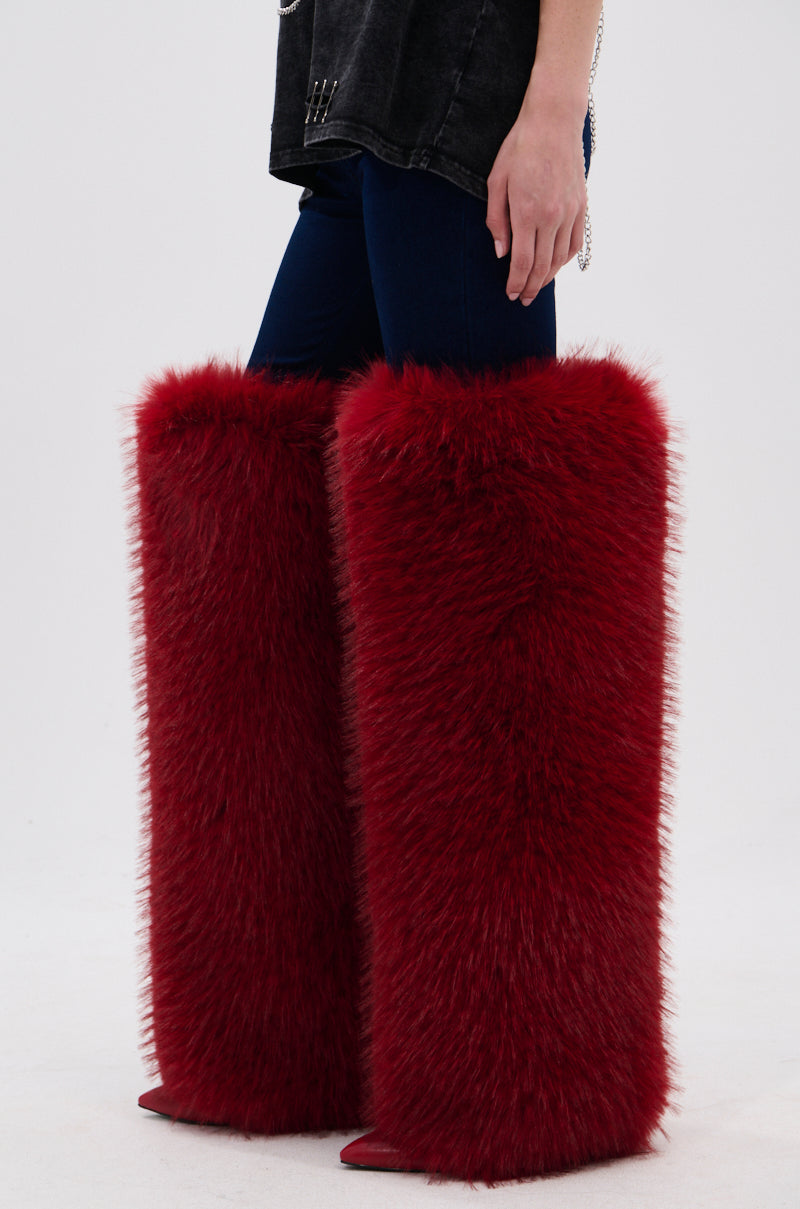 AZALEA WANG LANGLEYE RED THIGH HIGH FUR LUXE BOOT