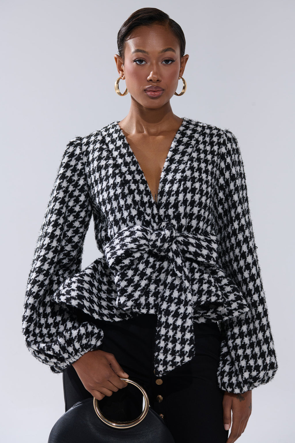 GIRL PLEASE HOUNDSTOOTH TIE-FRONT BLOUSE