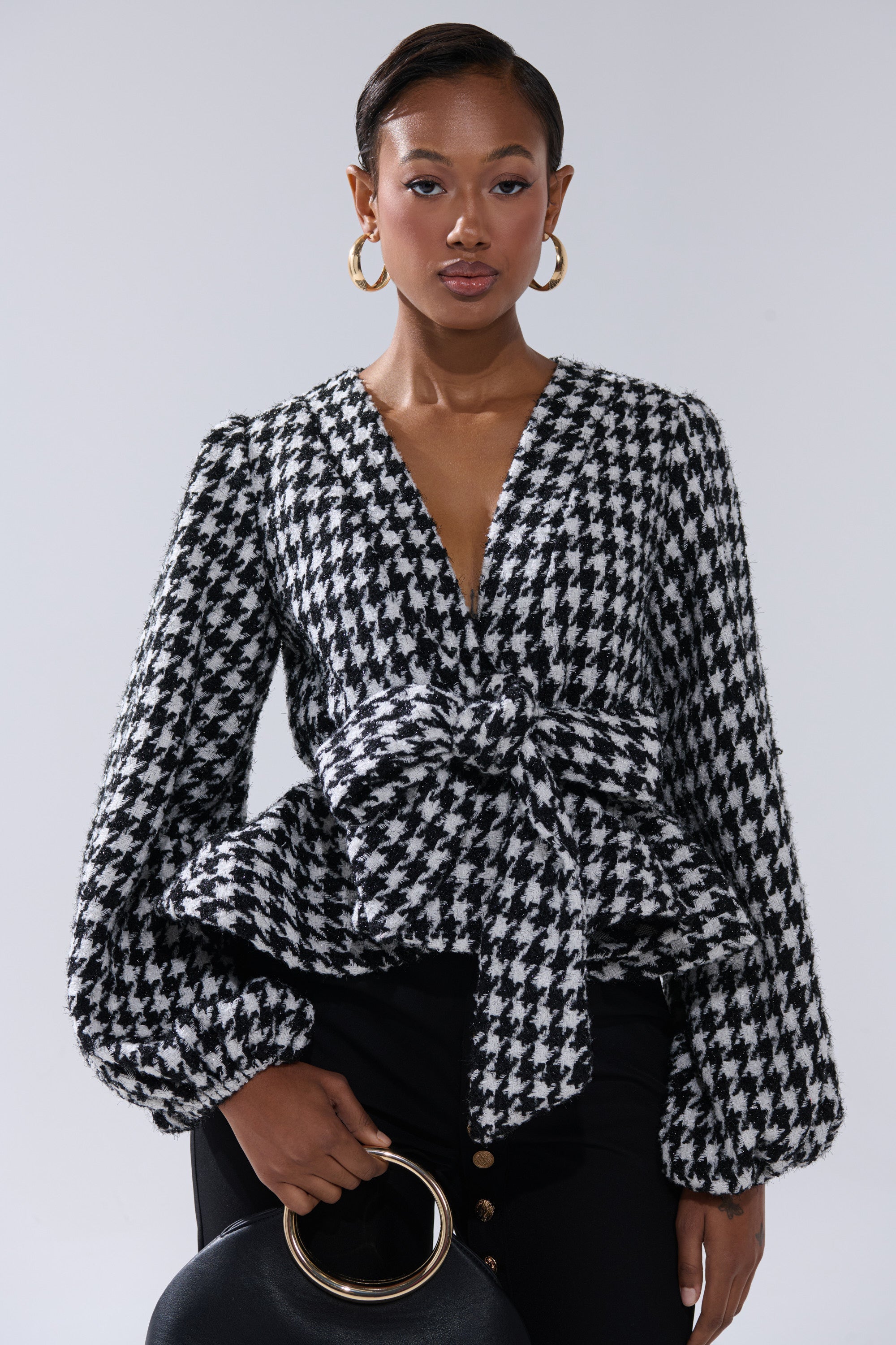 GIRL PLEASE HOUNDSTOOTH TIE-FRONT BLOUSE