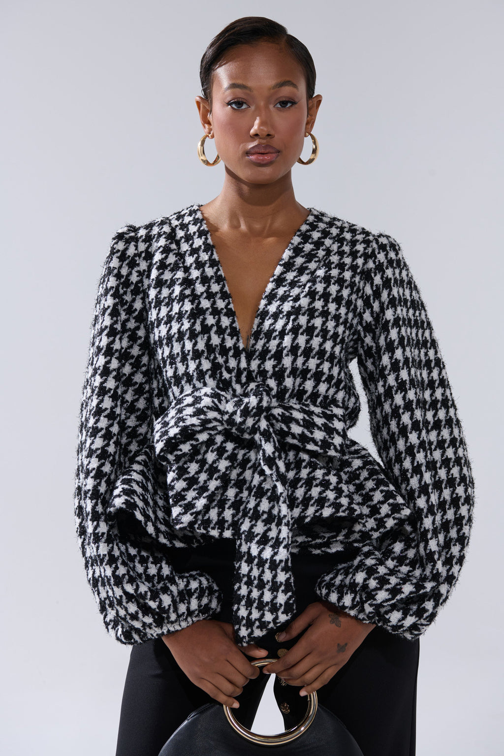 GIRL PLEASE HOUNDSTOOTH TIE-FRONT BLOUSE