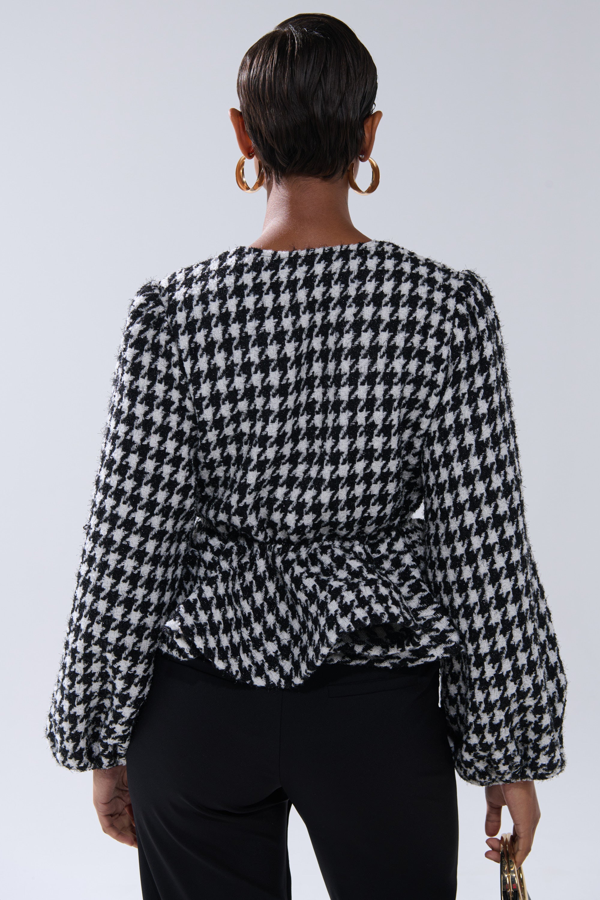 GIRL PLEASE HOUNDSTOOTH TIE-FRONT BLOUSE