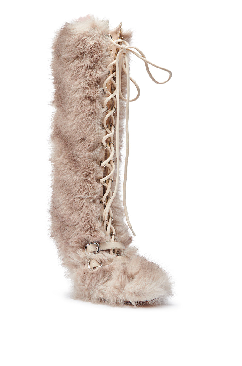 AZALEA WANG LOURDANNE IVORY FUR LACE UP BOOT