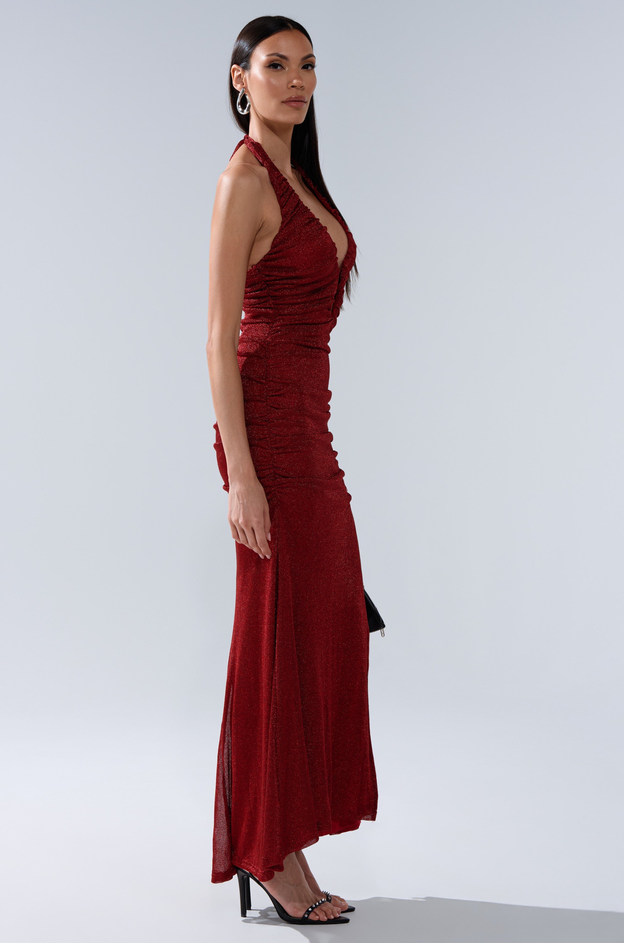SERPENTI PLUNGE MAXI DRESS IN METALLIC BURGUNDY