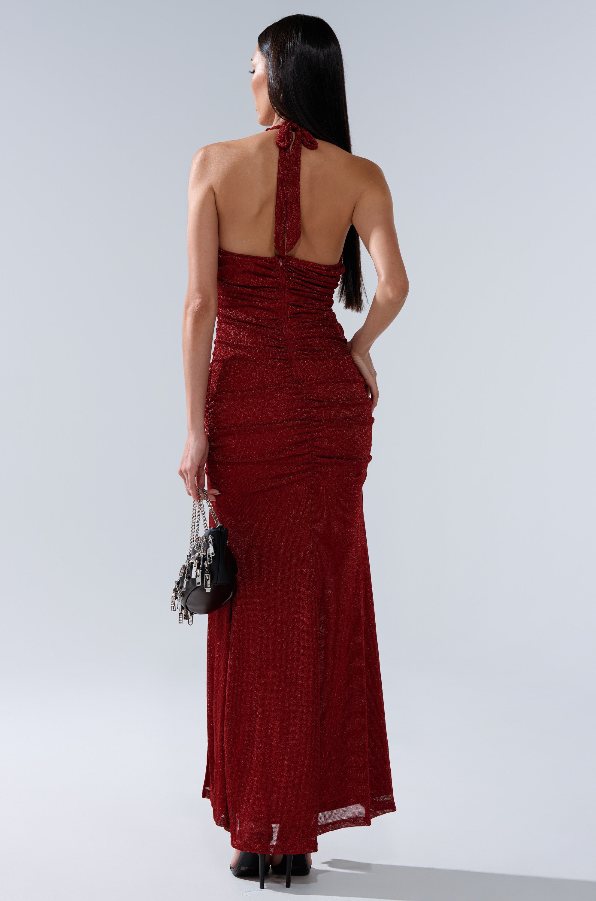SERPENTI PLUNGE MAXI DRESS IN METALLIC BURGUNDY