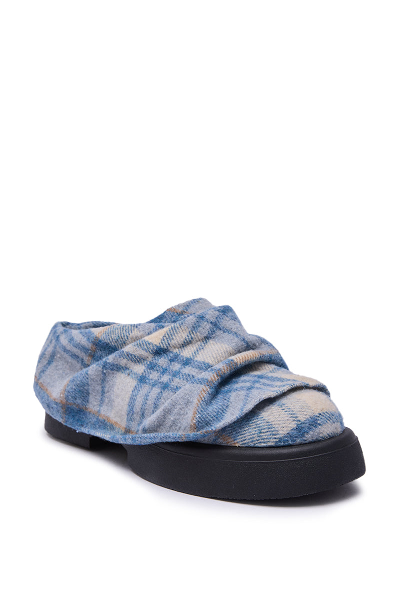 AZALEA WANG SEYMON BLUE MULTI PLAID SLIP-ON RUCHED FLAT