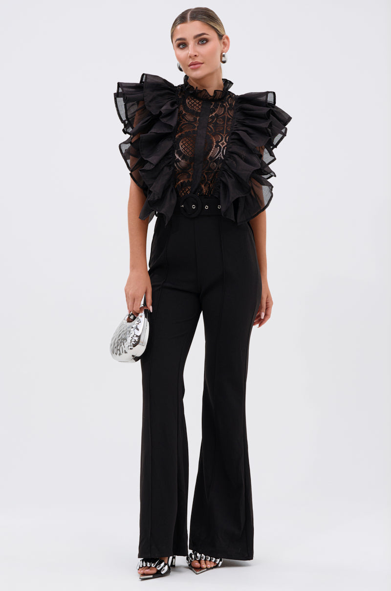 WALK THAT WALK RUFFLE JUMPSUIT IN BLACK