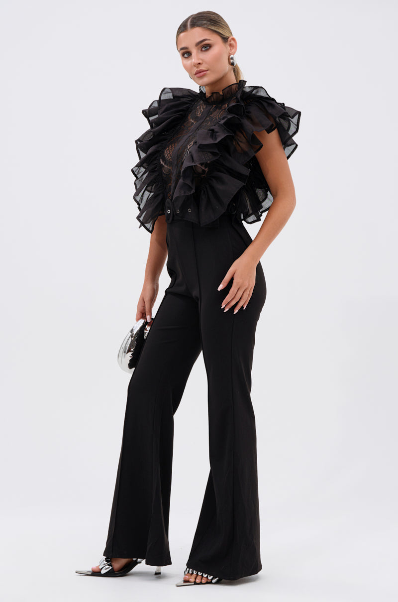 WALK THAT WALK RUFFLE JUMPSUIT IN BLACK