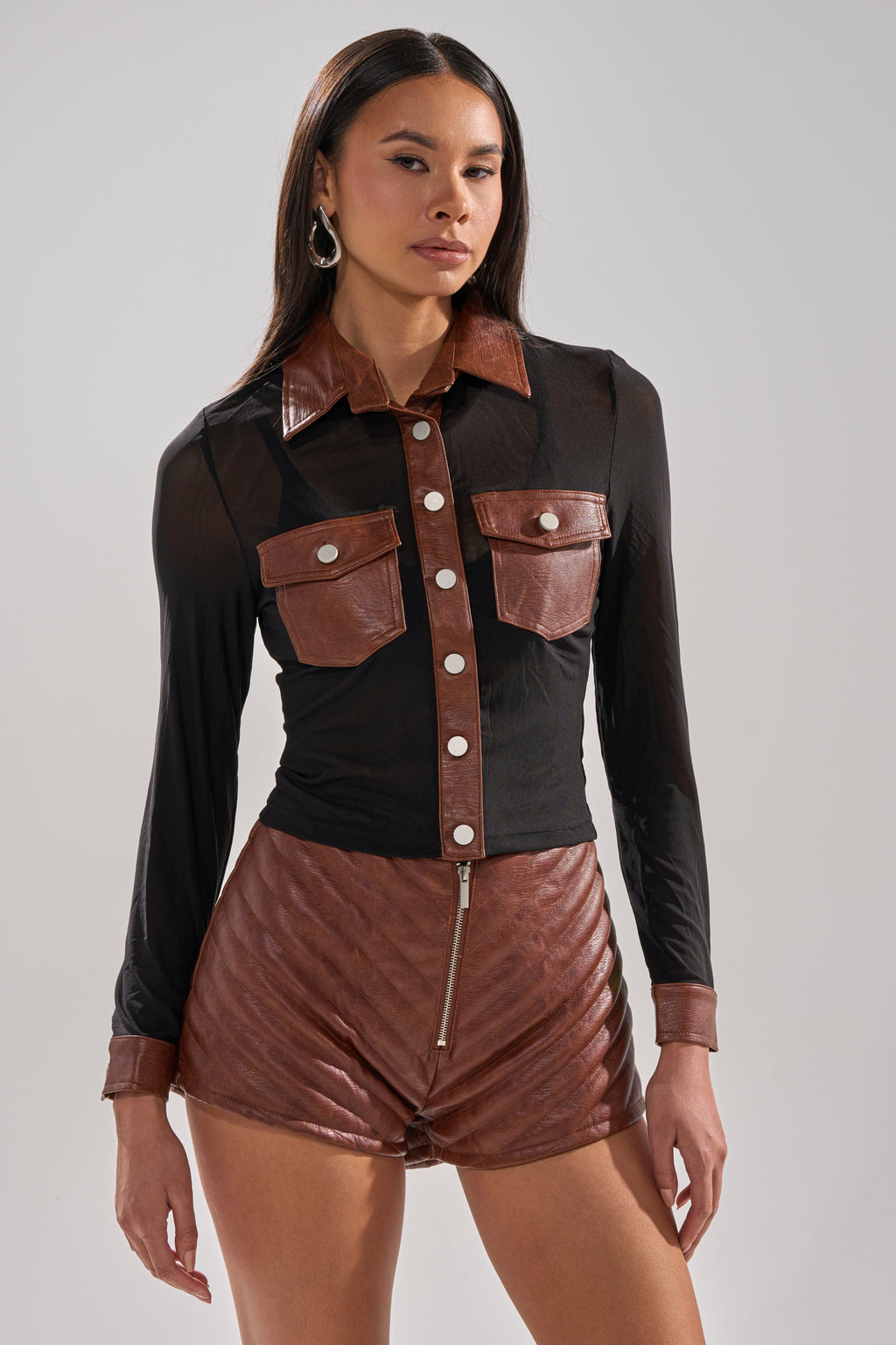 GALAXY MESH BUTTON DOWN WITH FAUX LEATHER TRIM