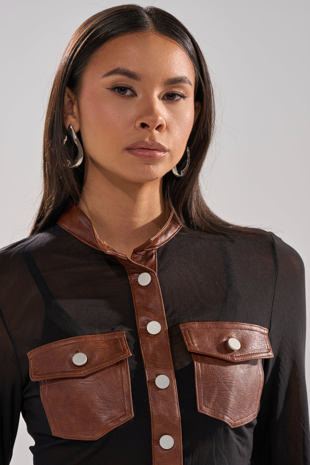 GALAXY MESH BUTTON DOWN WITH FAUX LEATHER TRIM