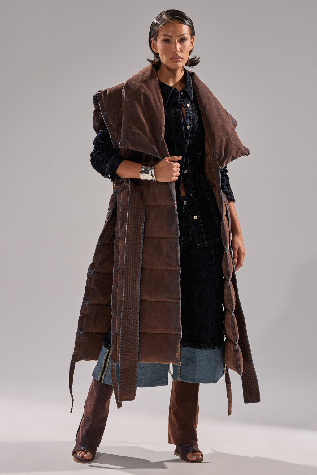 PILOT JONES LONGLINE PUFFER VEST IN VELVET DENIM