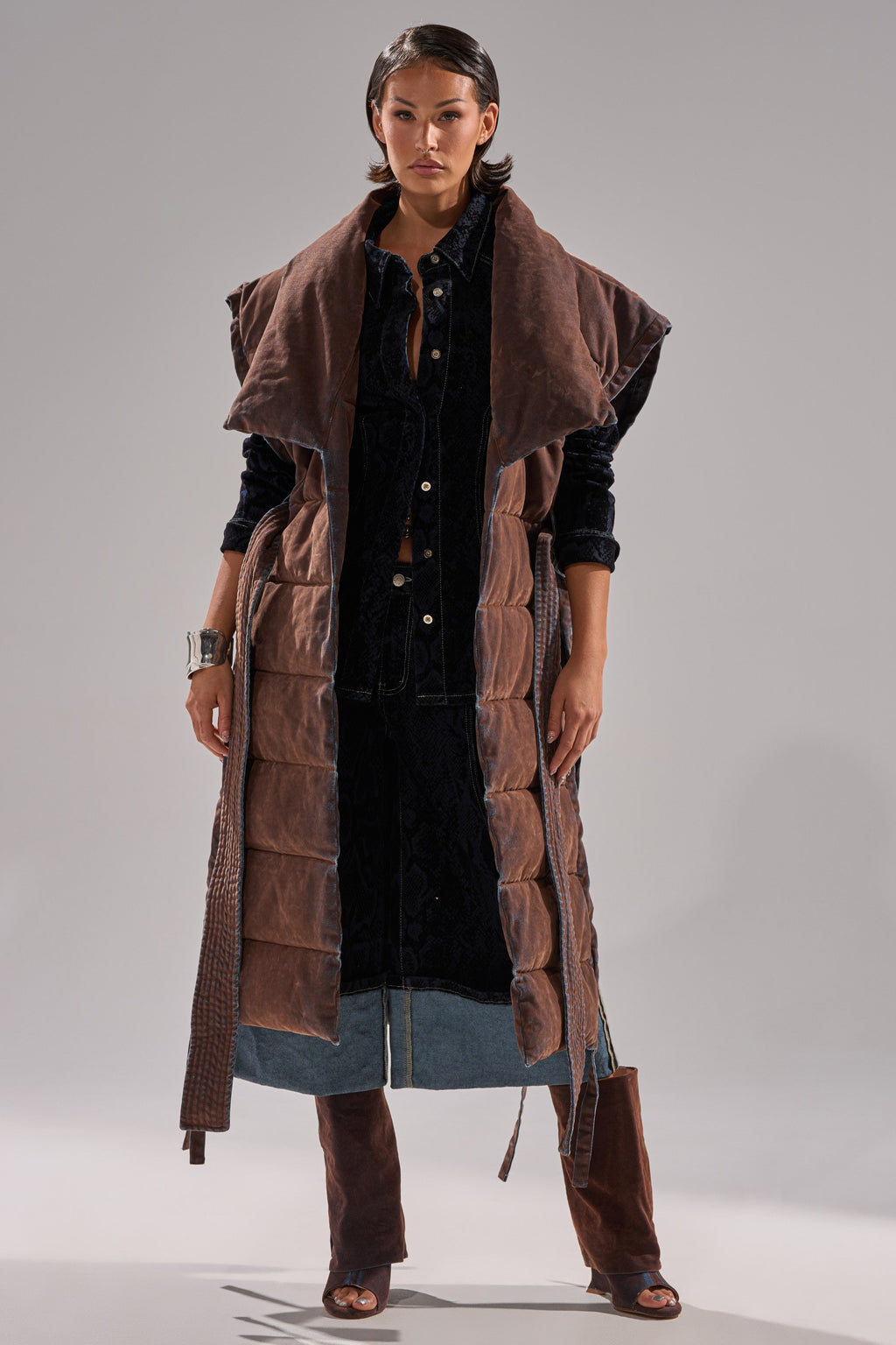 PILOT JONES LONGLINE PUFFER VEST IN VELVET DENIM