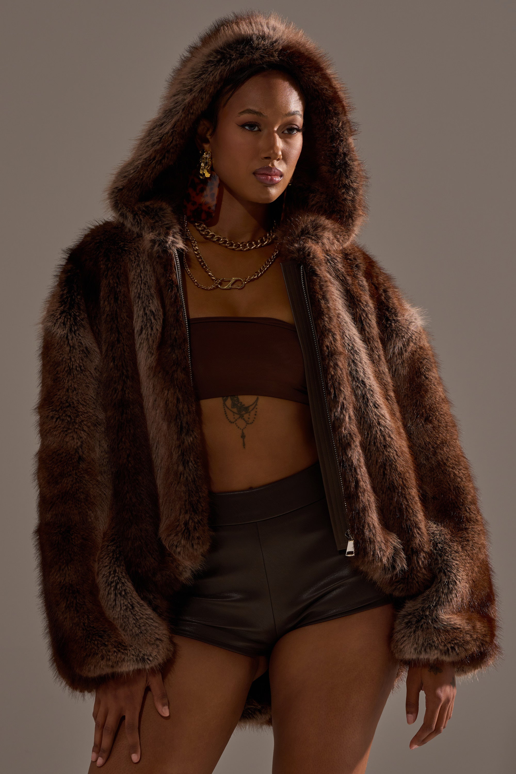 NATURAL INSTINCTS HOODED FUR BOMBER