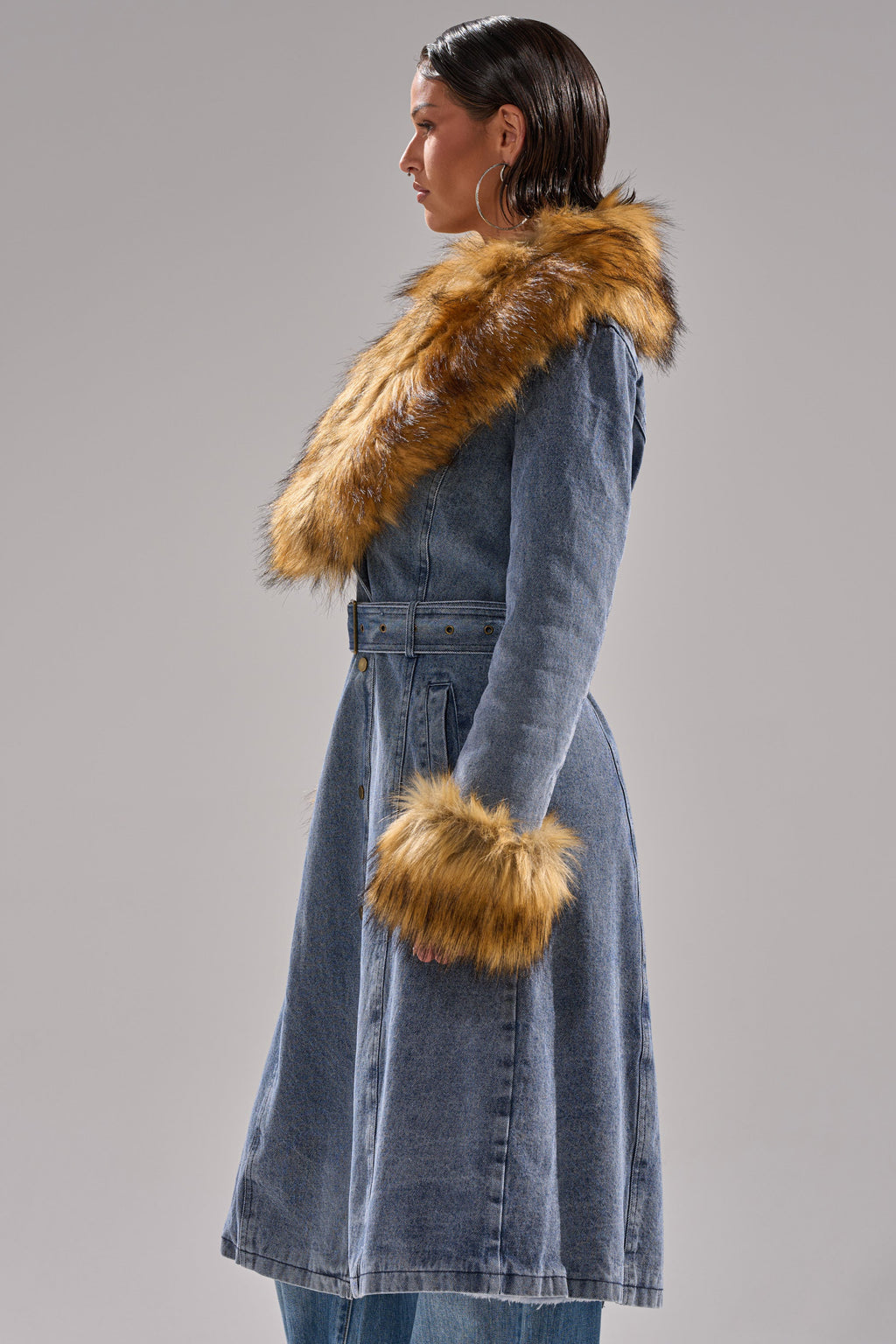 KAYA FUR TRIM DENIM TRENCH