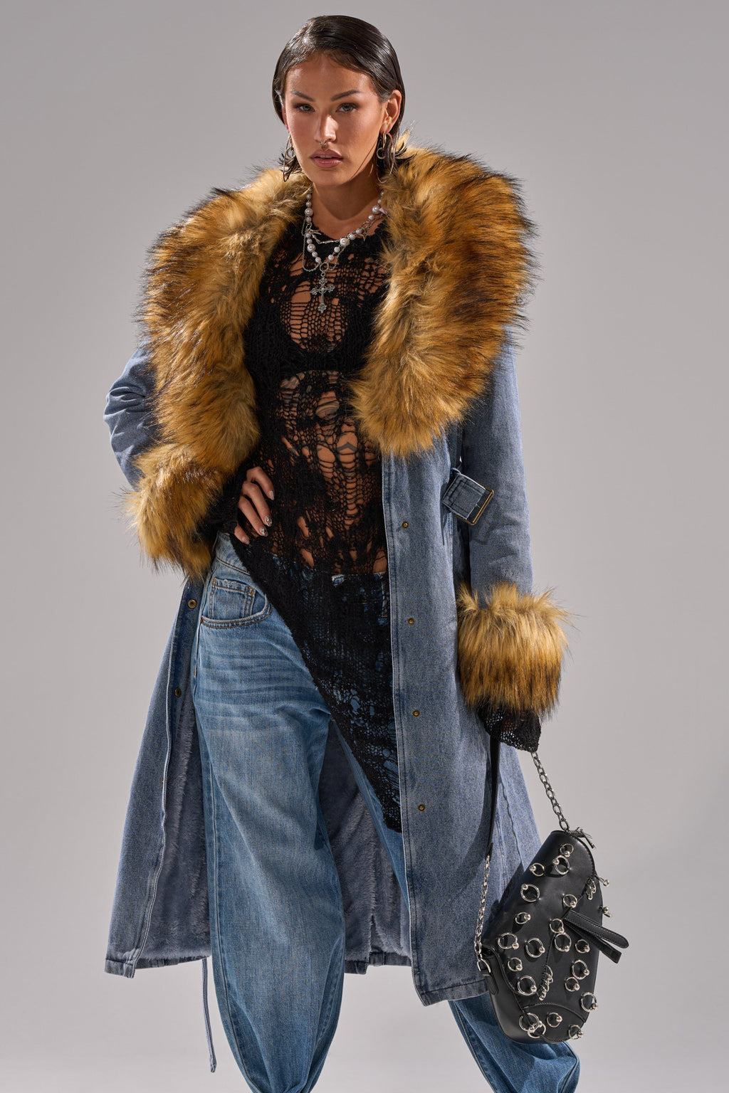KAYA FUR TRIM DENIM TRENCH