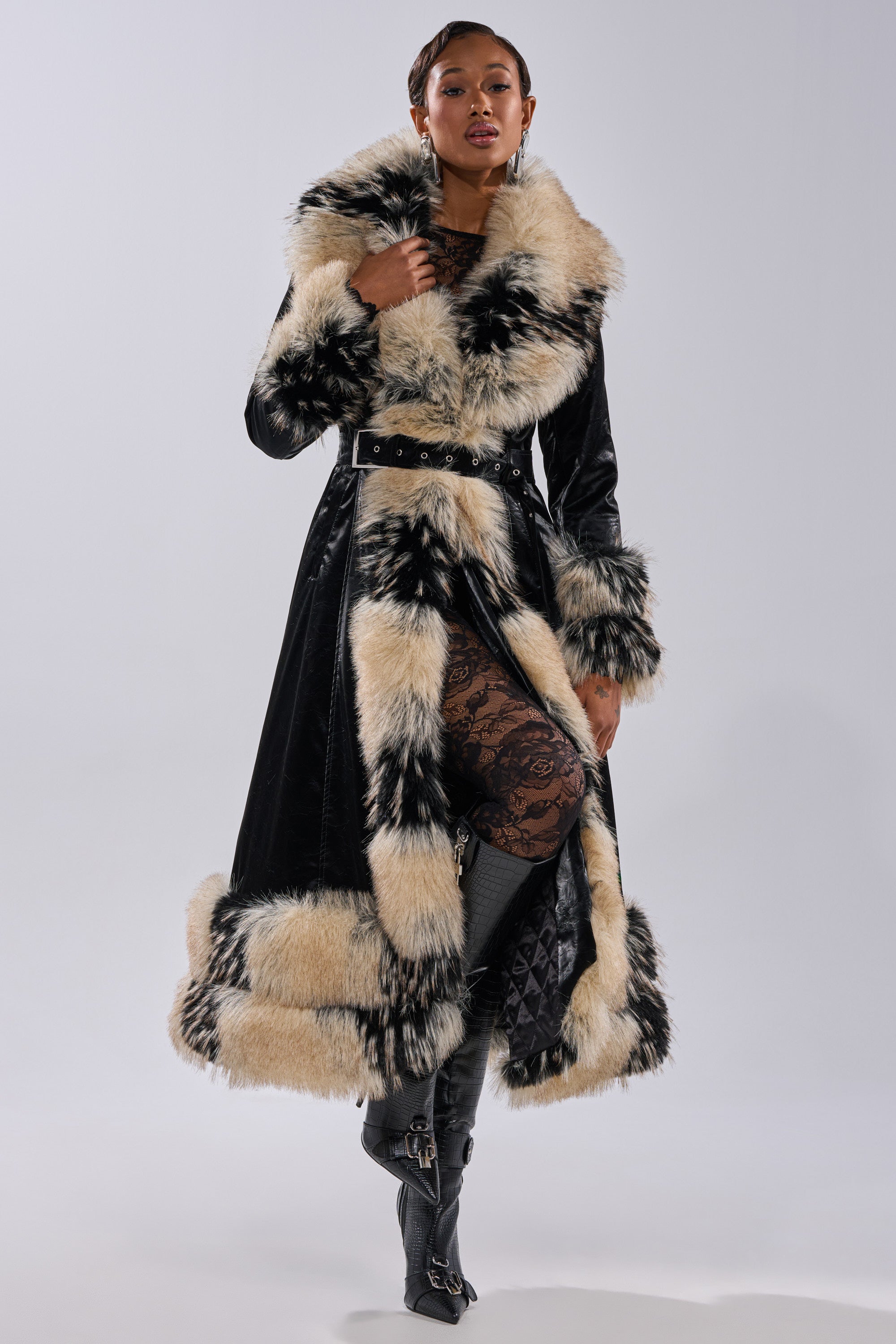 VIVIAN FUR TRIM TRENCH IN LIQUID VELVET