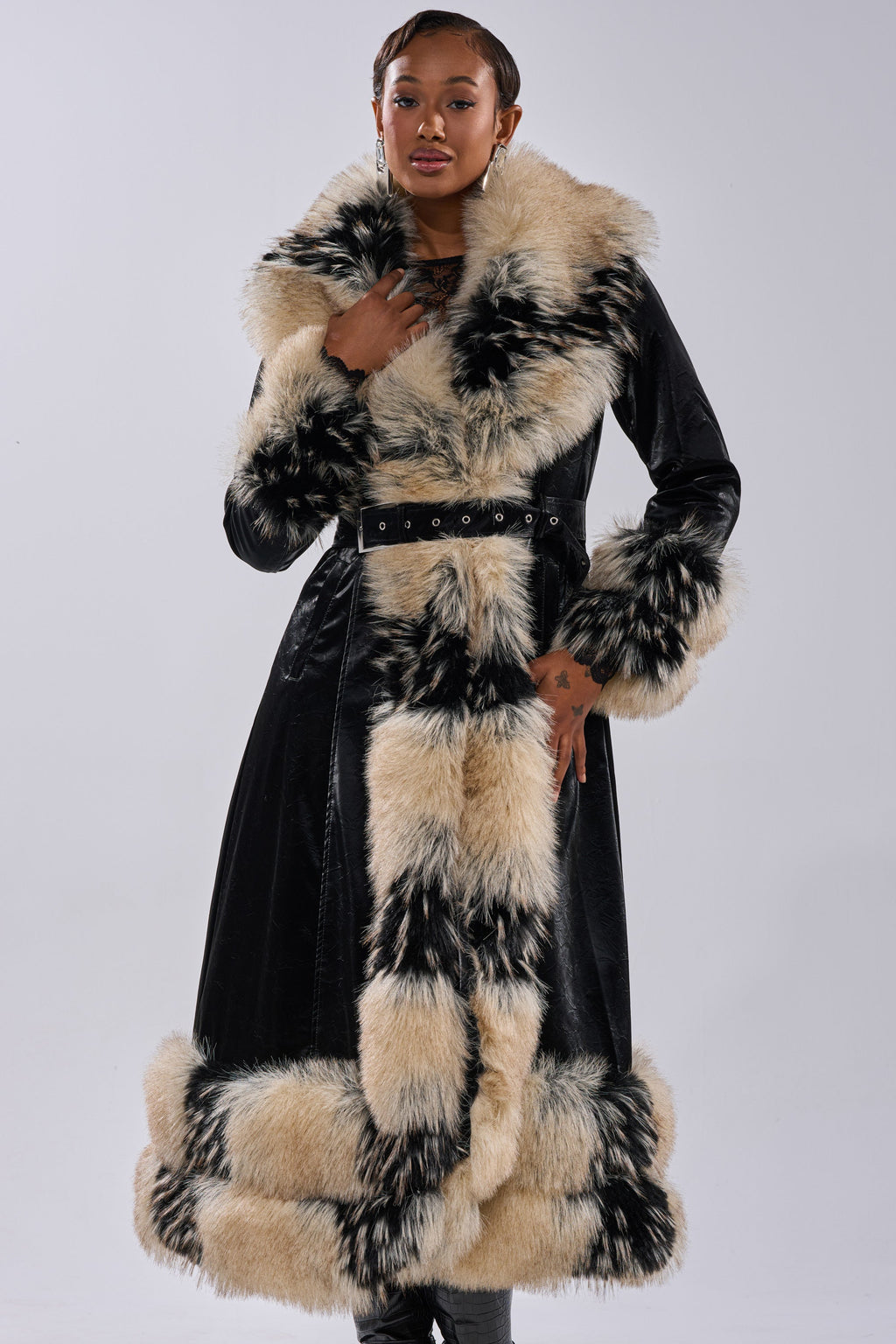 VIVIAN FUR TRIM TRENCH IN LIQUID VELVET
