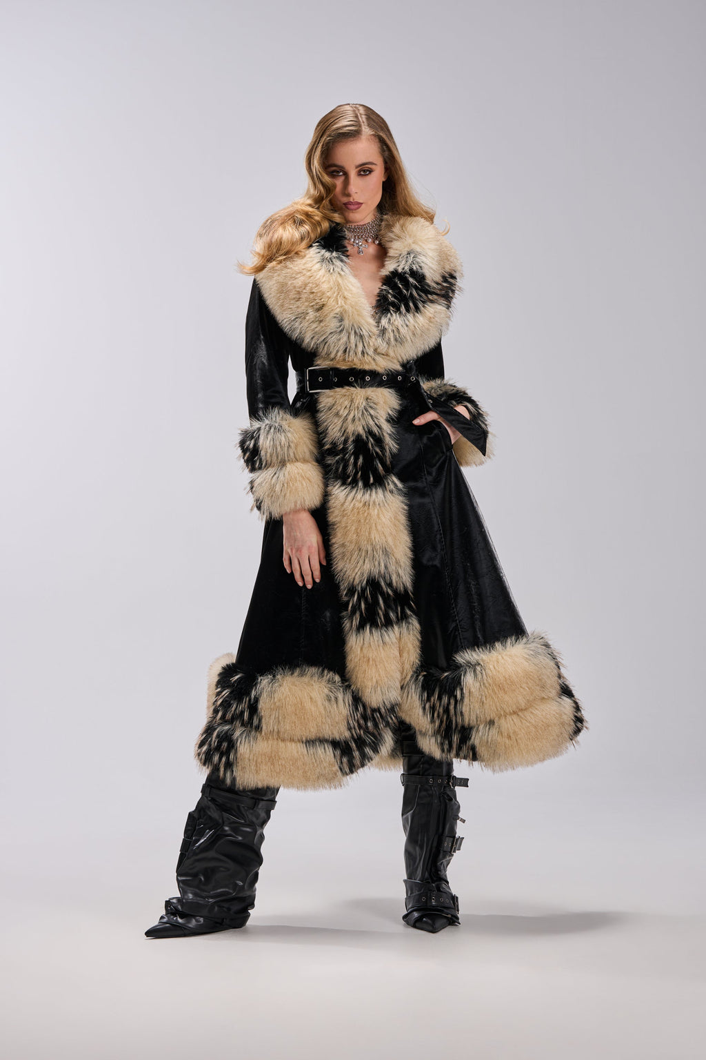 VIVIAN FUR TRIM TRENCH IN LIQUID VELVET