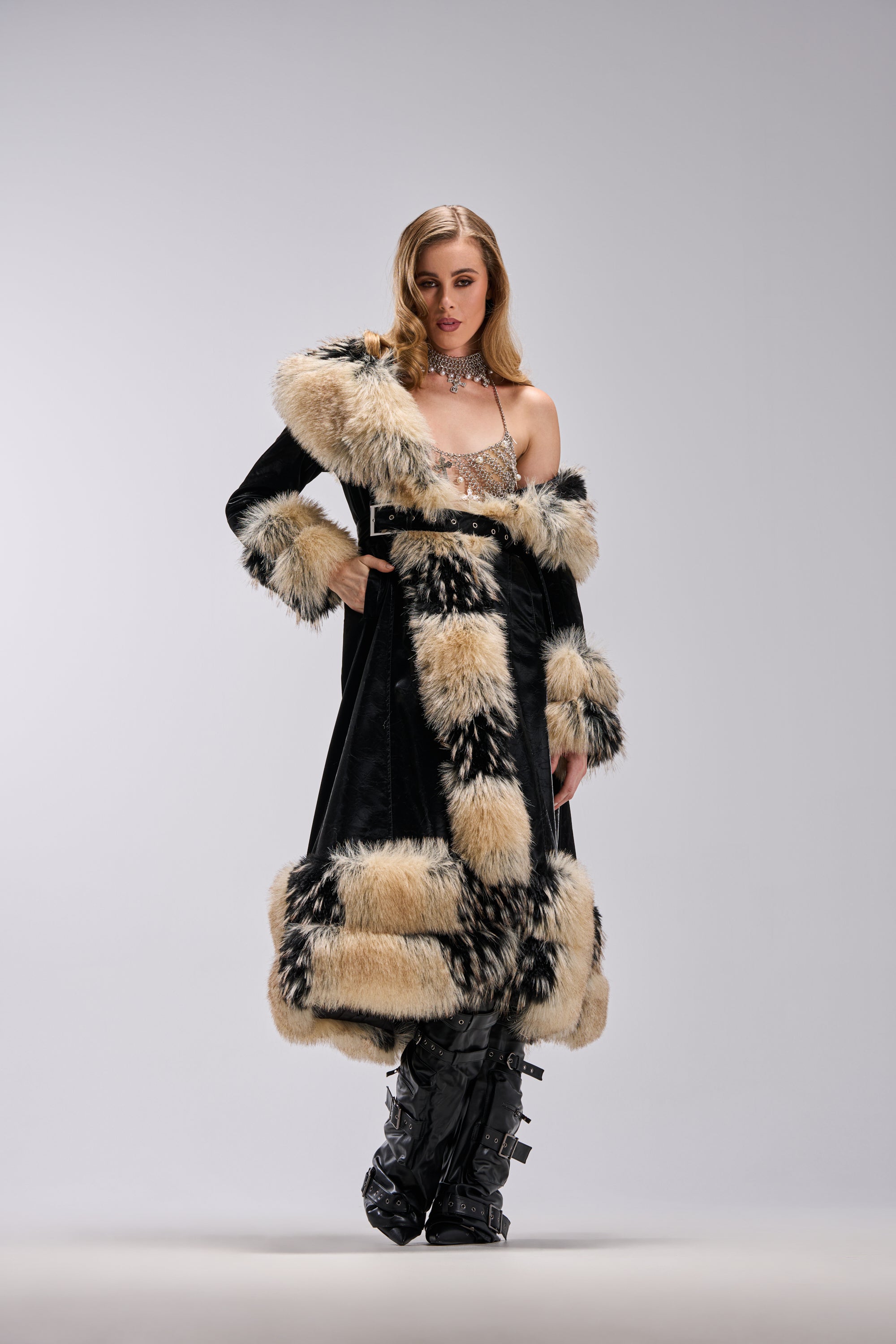 VIVIAN FUR TRIM TRENCH IN LIQUID VELVET