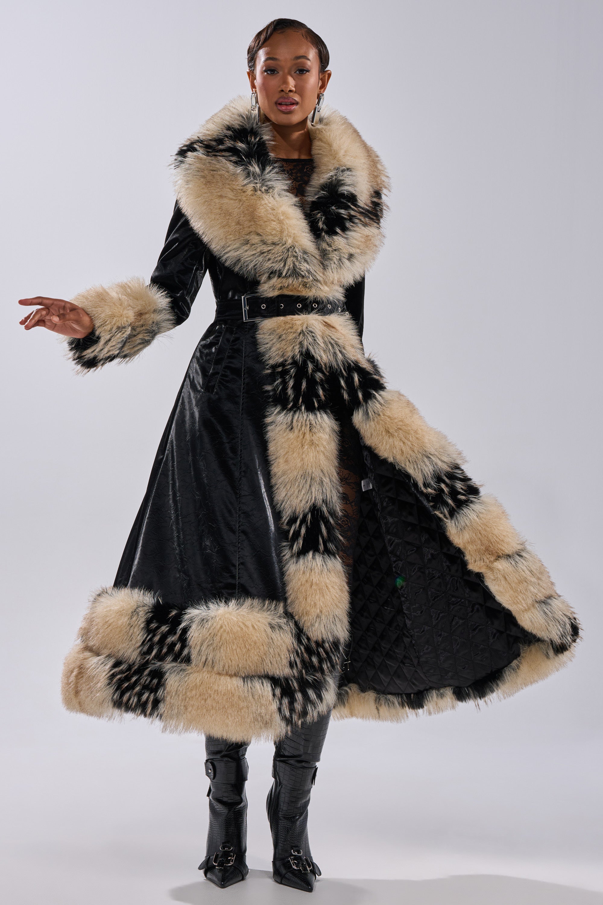 VIVIAN FUR TRIM TRENCH IN LIQUID VELVET